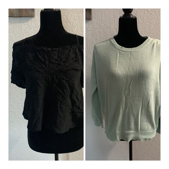TOBI Blouse Lot Womens Medium Blue Open Back Sweater and Black Lace Crop Top - Picture 1 of 12